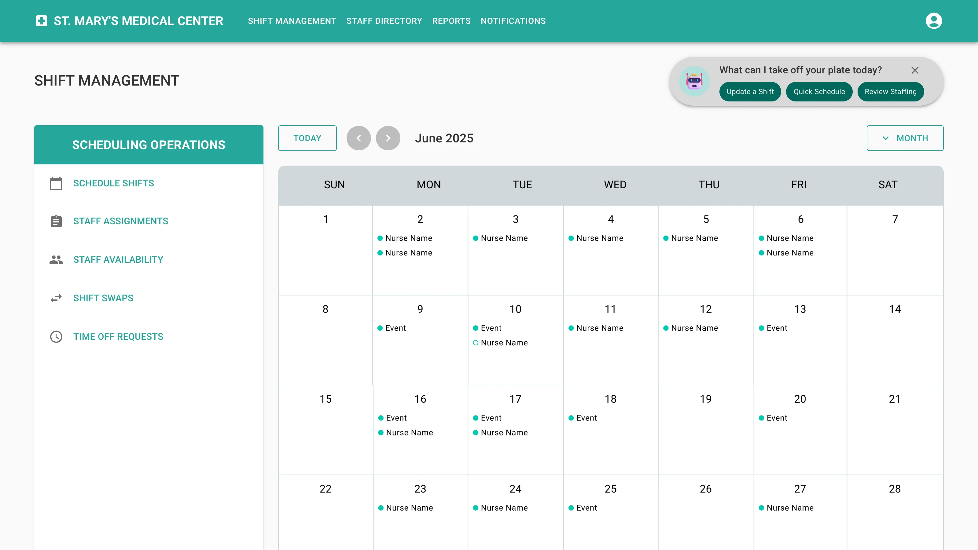 The assistant popover asking “What can I take off your plate today?” with quick actions for updating a shift, quick scheduling, and reviewing staffing