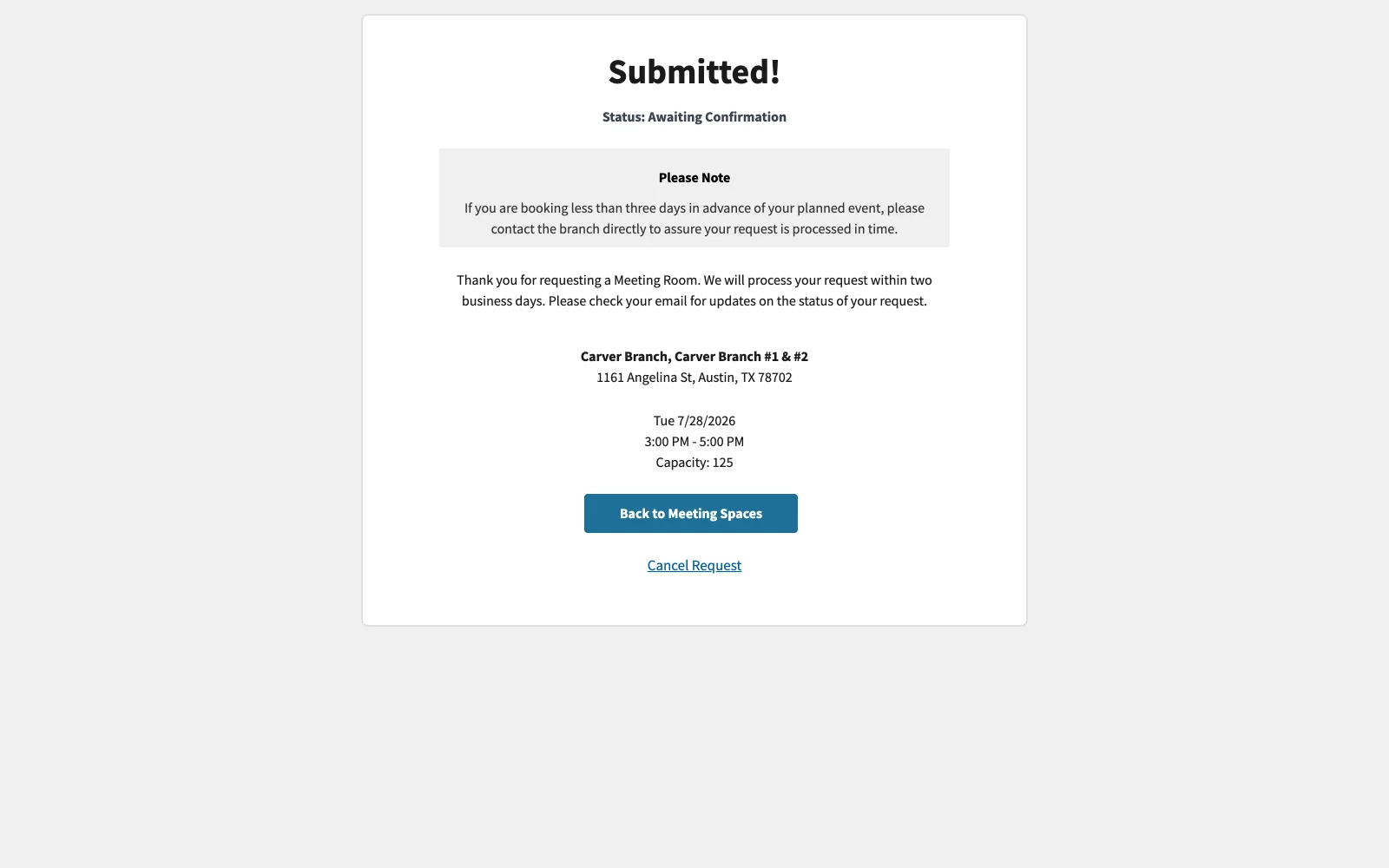 The live prototype confirms that a synthetic meeting-room request was submitted and is awaiting staff approval