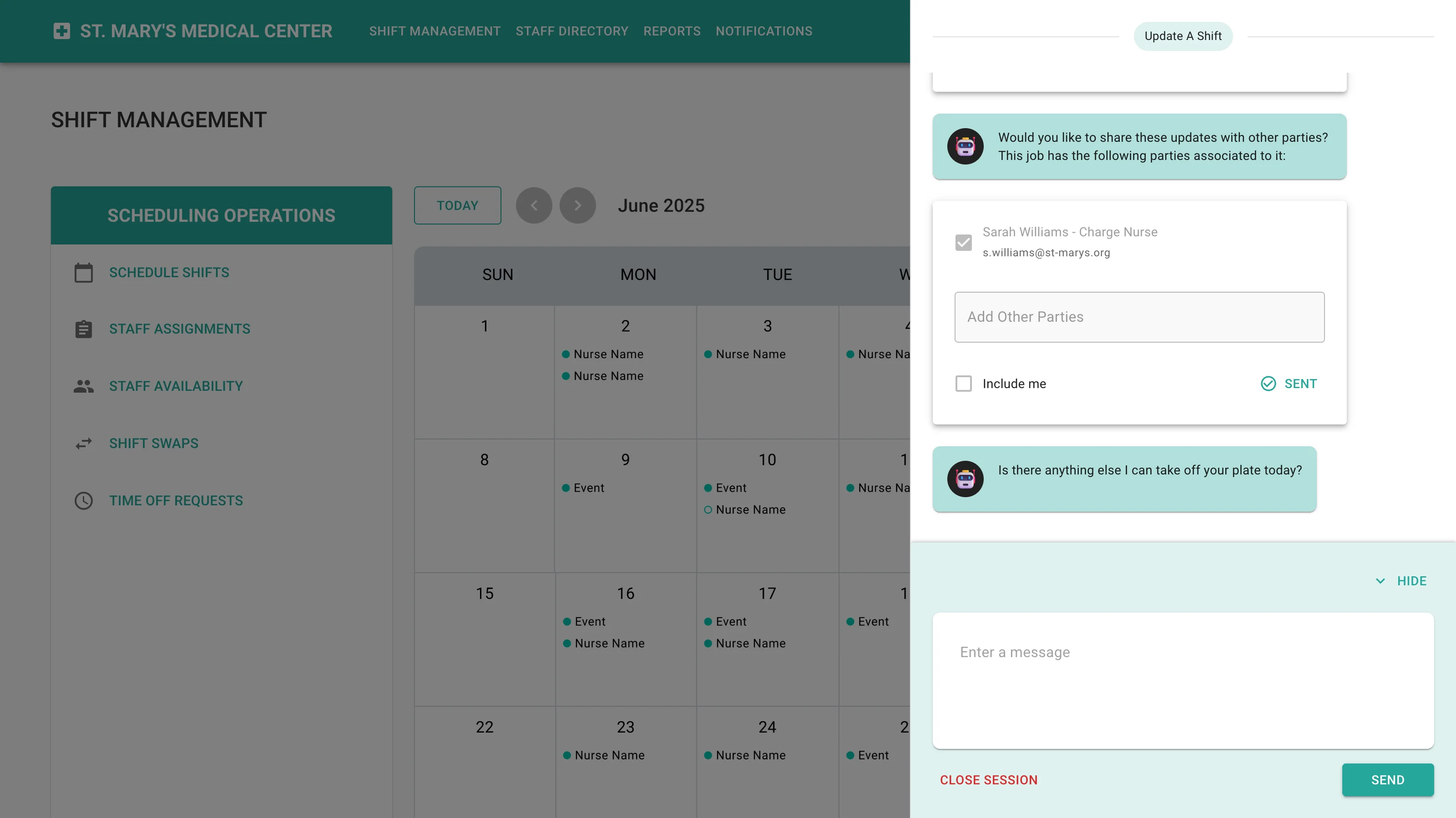 The completed flow: updates shared, the send button showing sent, and the assistant asking if there is anything else it can take off your plate