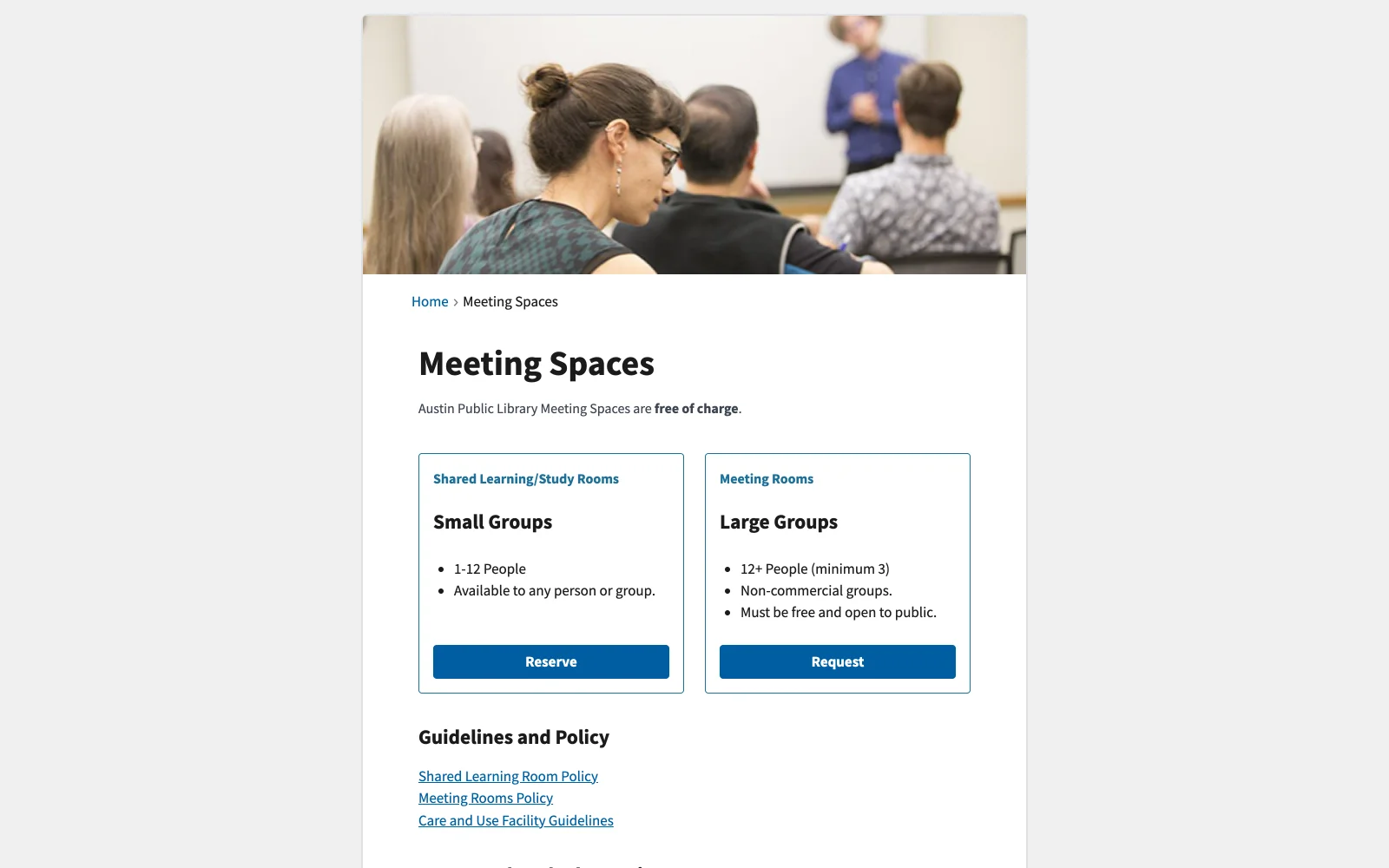 The Austin Public Library prototype homepage separates shared learning rooms from meeting rooms and explains who can use each