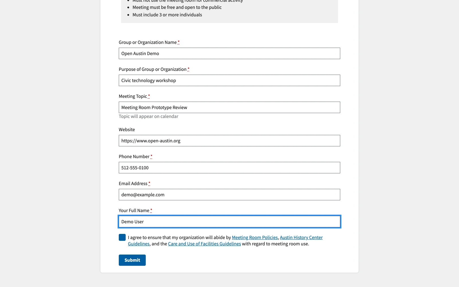 A completed meeting-room request form using synthetic Open Austin demo details and a required policy agreement