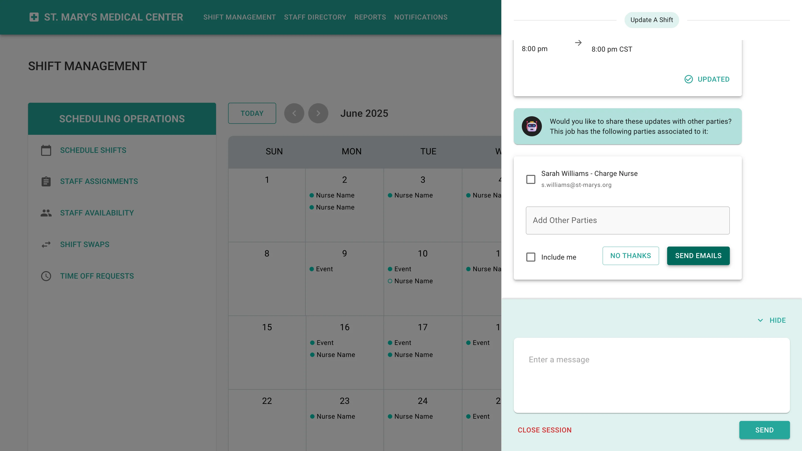 After confirming, the assistant offers to notify affected parties, listing the charge nurse with a checkbox, a field to add other recipients, and send or decline buttons