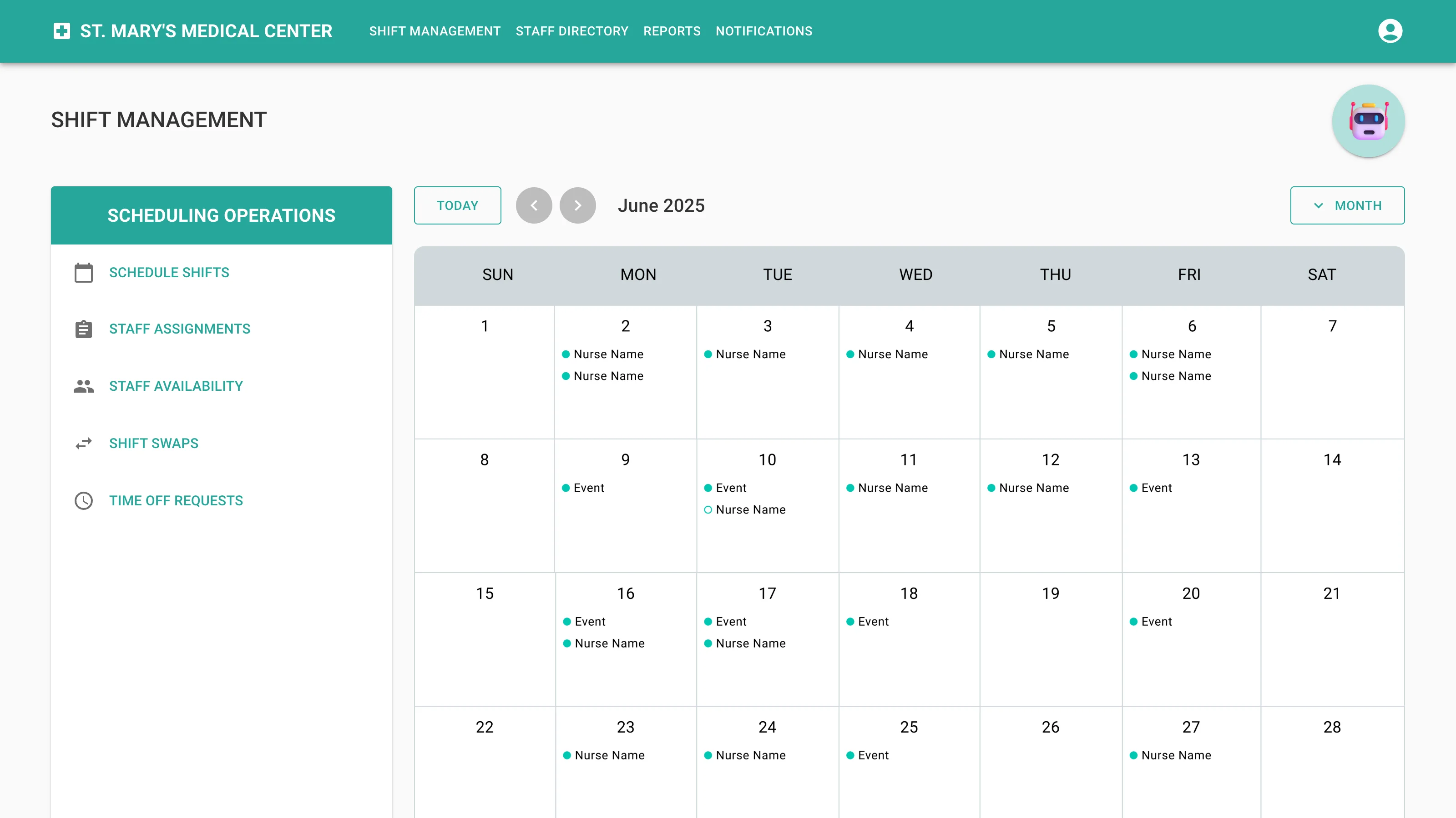 The white-labeled scheduler: a hospital shift-management calendar with scheduling operations in a sidebar and an assistant button in the corner