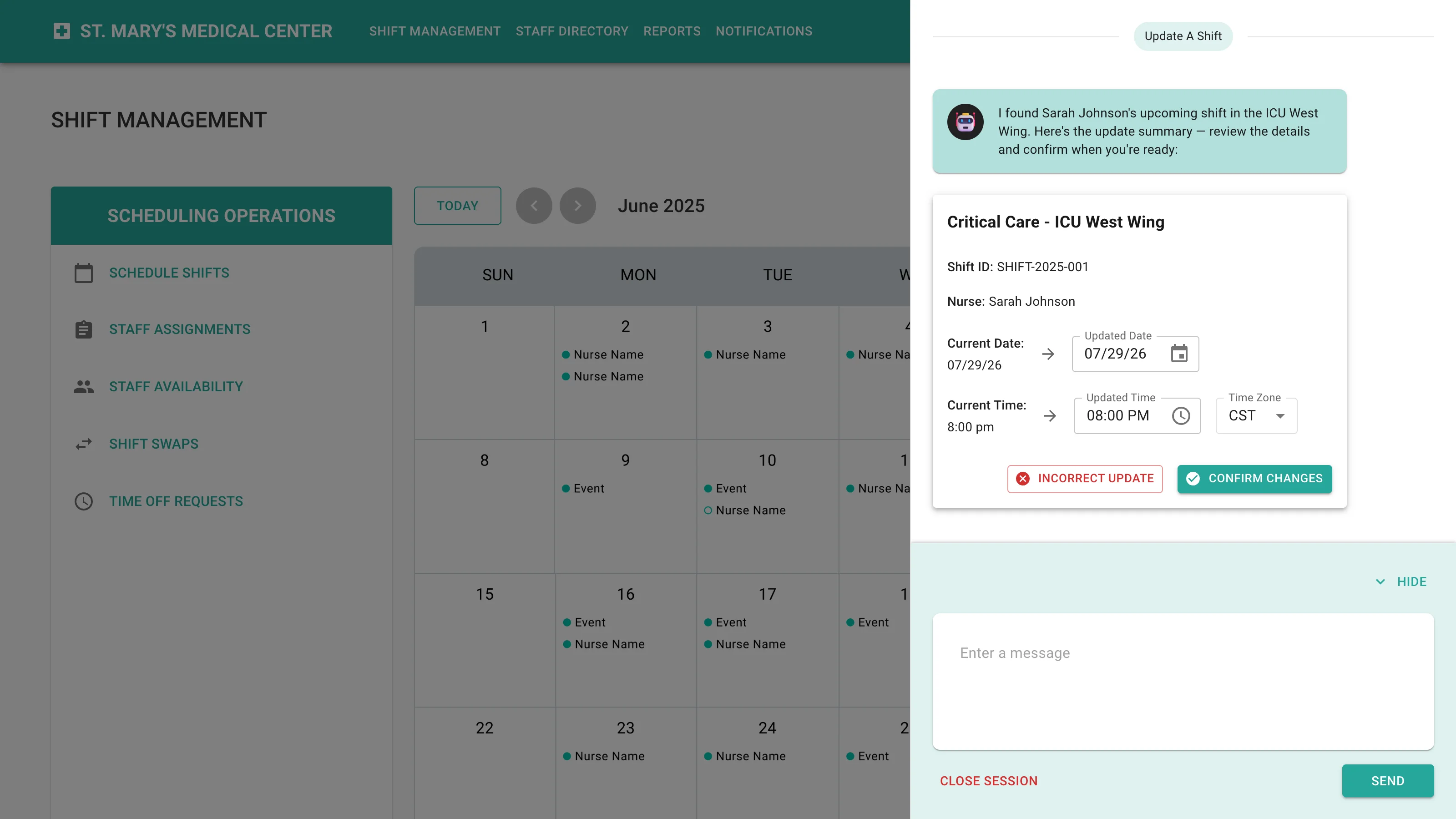 The chat thread after the request: the assistant replies with a summary card showing the current shift date and time beside editable pickers for the updated date, time, and time zone, with confirm and incorrect-update buttons