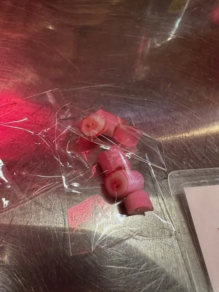 A small clear plastic bag of pig-snout shaped candies on a silver metal table.