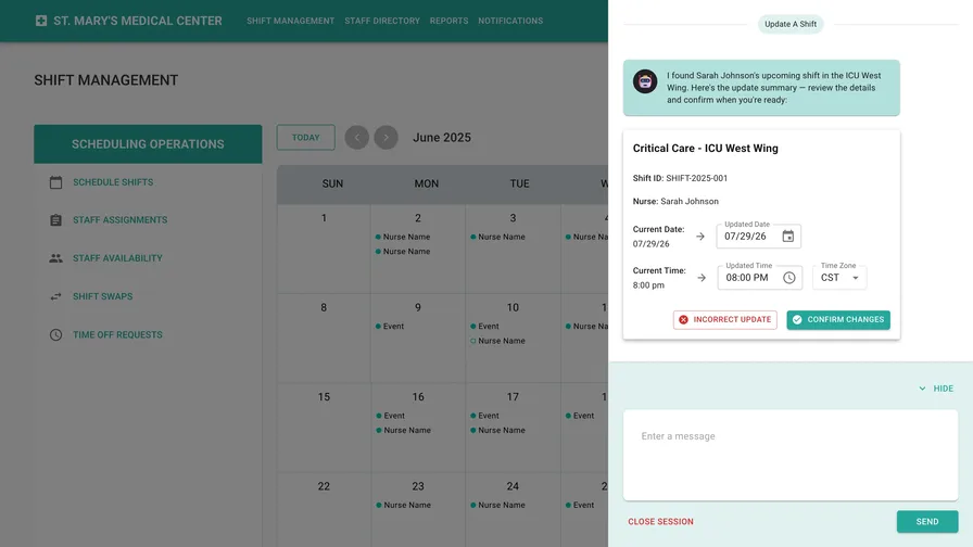 An AI assistant chat panel over a hospital shift-management calendar, showing an editable shift-update summary card for a nurse's rescheduled ICU shift