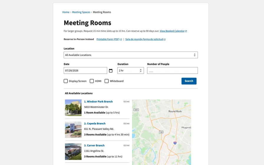 Austin Public Library meeting-room search results showing real branch availability beside a map of Austin