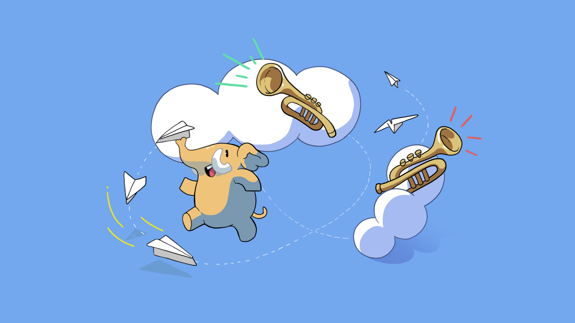 The Mastodon elephant mascot throwing paper airplanes with its trunk in a field of clouds and trumpets
